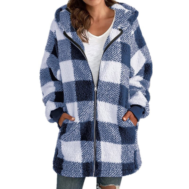 여성용 체크 무늬 인조 모피 코트, 따뜻하고 부드러운 긴 모피 재킷, 겉옷 플러시 오버 코트, 포켓 지퍼 가디건, 후드 포함, 2023 가을, 겨울