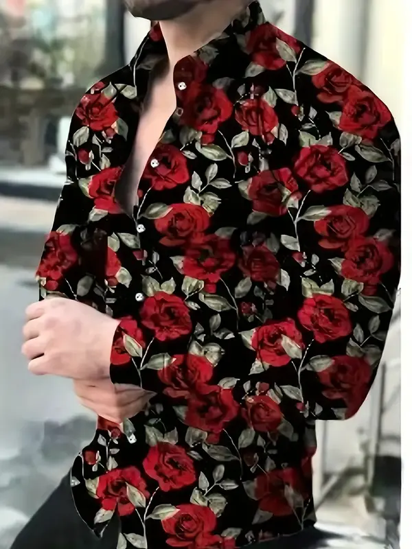 2024 New High Quality Casual Fashion 3D Rose Pattern Printed Shirt XS-6XL Large Size Fashion Long sleeved Shirt
