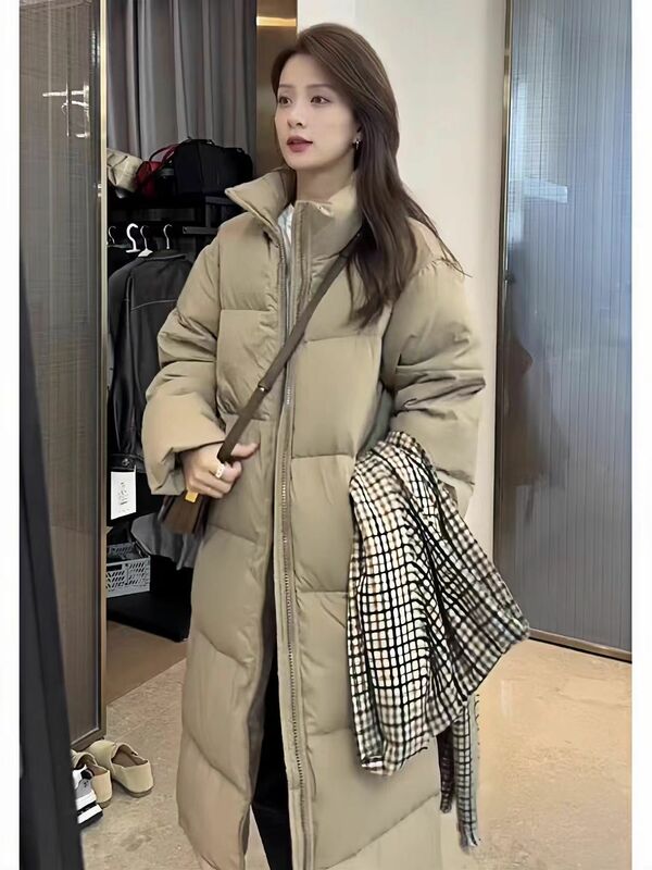Stehkragen lange Daunen jacke, modische Jacke im koreanischen Stil, modische weiße High-End-Daunen jacke für Damen, Winter für Damen