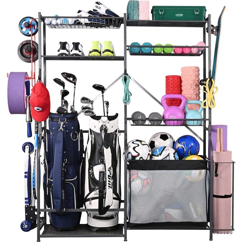 PLKOW Golf Storage Ball Rack Garage Organizer, 2 Golf Bag Organizer and Other Sports Equipment Organizer for Garage