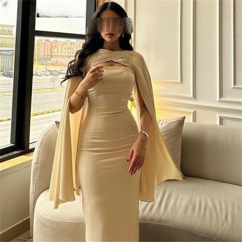 POMUSE Satin Evening Dresses فساتين سهرة Women's Prom Dresses Long Sleeves High Neck Ankle Length Formal Occasion Party Dresses