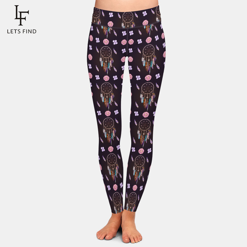 LETSFIND legginsy z wysokim stanem Dreamcatcher i kwiaty Design Print moda damska legginsy Fitness