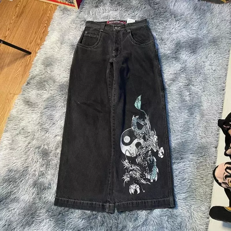 JNCO-Jeans Baggy Bordados Vintage de Cintura Alta para Homens e Mulheres, Jeans Casual de Perna Larga, Streetwear Hip Hop Goth, Harajuku, Novo, Y2K