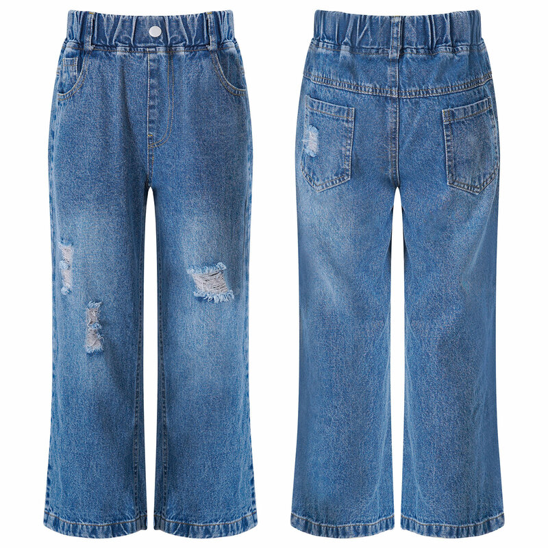 Lässige Hose mit weitem Bein für Kinder Mädchen elastischer Bund Denim zerrissen einfarbige Jeans mit mehreren Taschen Jeans Hose Frühling Herbst Hose
