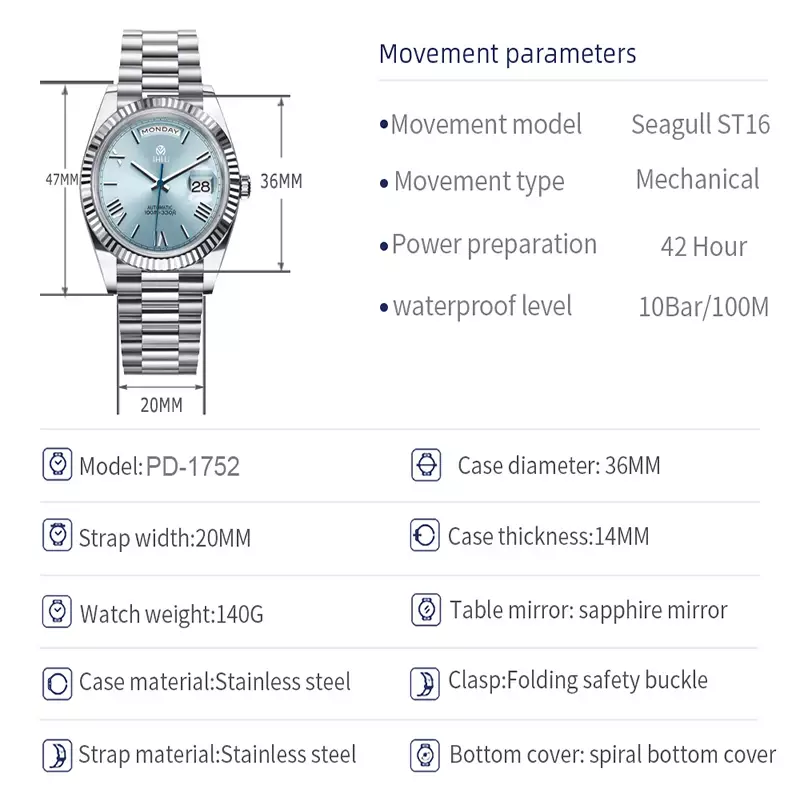 Мужские автоматические механические часы с сапфировым стеклом, 2024