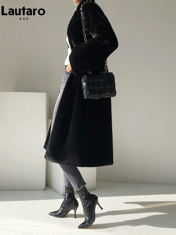 Lautaro Winter Long Black Luxury Elegant Stylish Thick Warm Fluffy Hairy Soft Faux Mink Fur Coat Women Stand Collar Sashes 2023