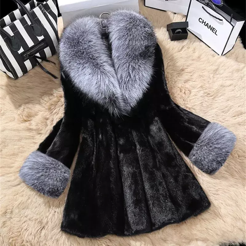 Woman Winter Fox Fur Collar Fur Coat 2024 New Mid-length Mink Fur Slim Fit Temperament Large Size Fashion Coat Women Clothes