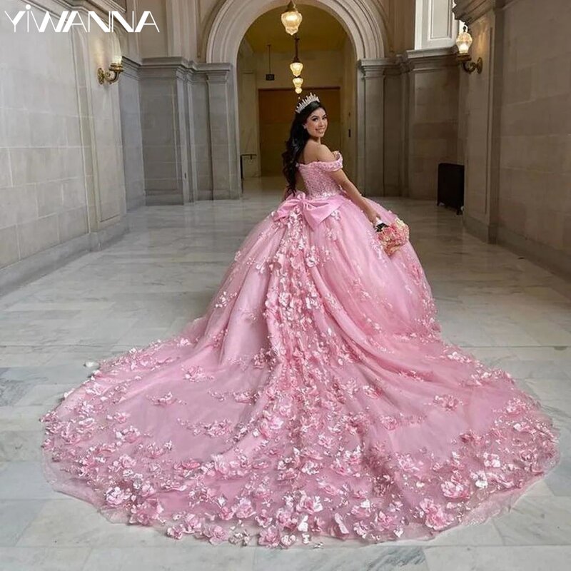 Menawan dari bahu Quinceanrra gaun Prom Pink applique 3D bunga putri panjang hijau anggun manis 16 gaun Vestidos