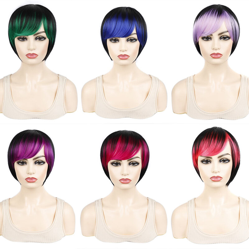Short Straight Colors Wigs with Oblique Bangs Synthetic Wig for Women Wig Cosplay
