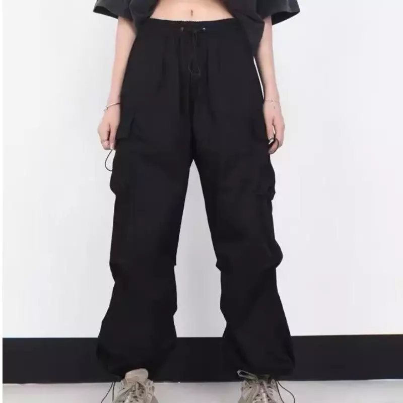Calça feminina casual Harajuku cargo, sweatpant com cordão, calças monocromáticas de paraquedas com cordão, jogger extragrande, cintura baixa, Y2K