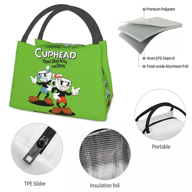 Custom Cuphead And Mugman Lunch Bags Women Cooler Warm Insulated Lunch Boxes for Work Pinic or Travel