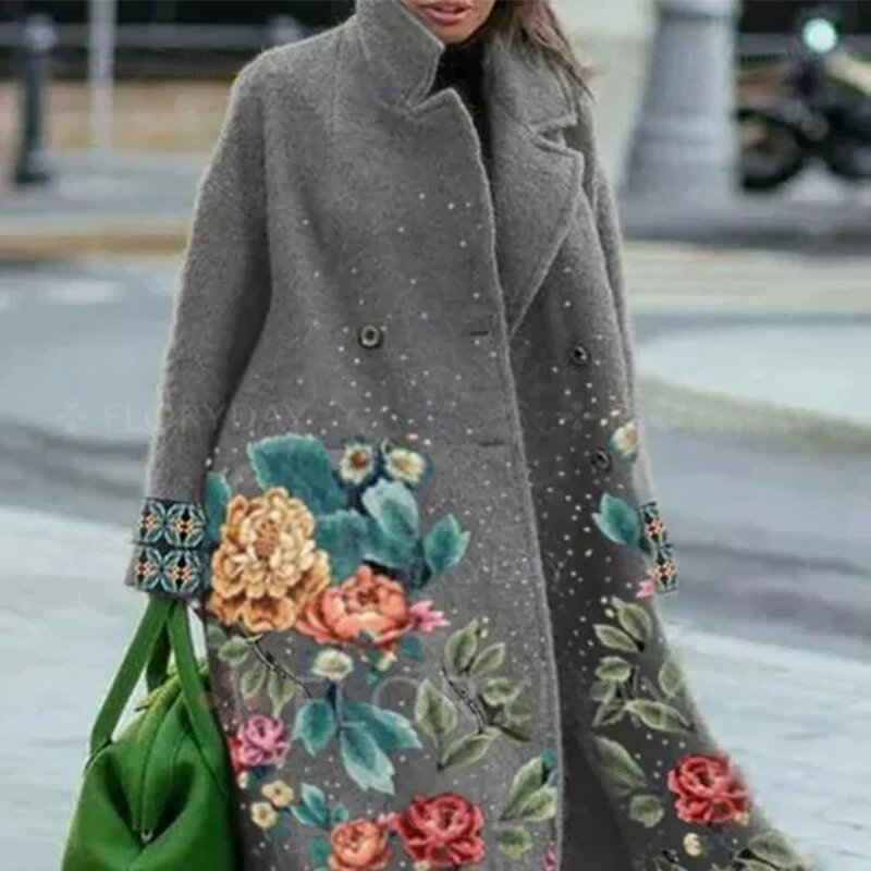 Herfst/Winter 2022 Vrouwen Nieuwe Vintage Esthetische Afdrukken Elegante Revers Losse Mode Straat Runway Hoge Kwaliteit Lange Tweed jas