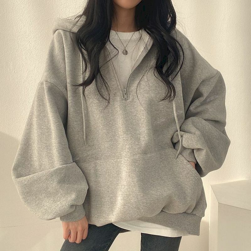 Sudadera con capucha de moda coreana para mujer, suéter informal de gran tamaño con cremallera, Color sólido, 2023