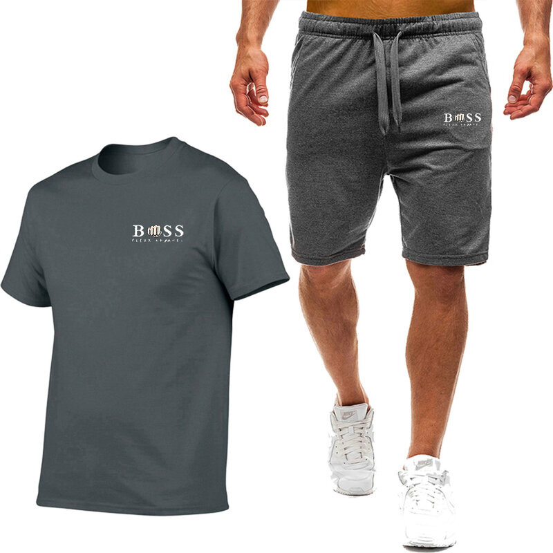 Camisetas masculinas de manga curta esportiva e lazer, shorts de corrida fitness, conjuntos estampados, fornecimento direto do fabricante, novo, verão
