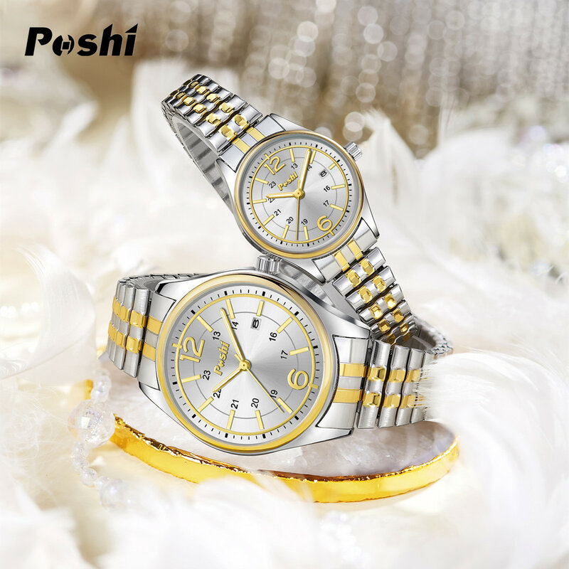 Poshi นาฬิกาคู่แฟชั่นลำลองควอทซ์สายรัดยืดหยุ่นโลหะผสมหรูหราพร้อมวันที่นาฬิกาคู่รักสำหรับเป็นของขวัญ