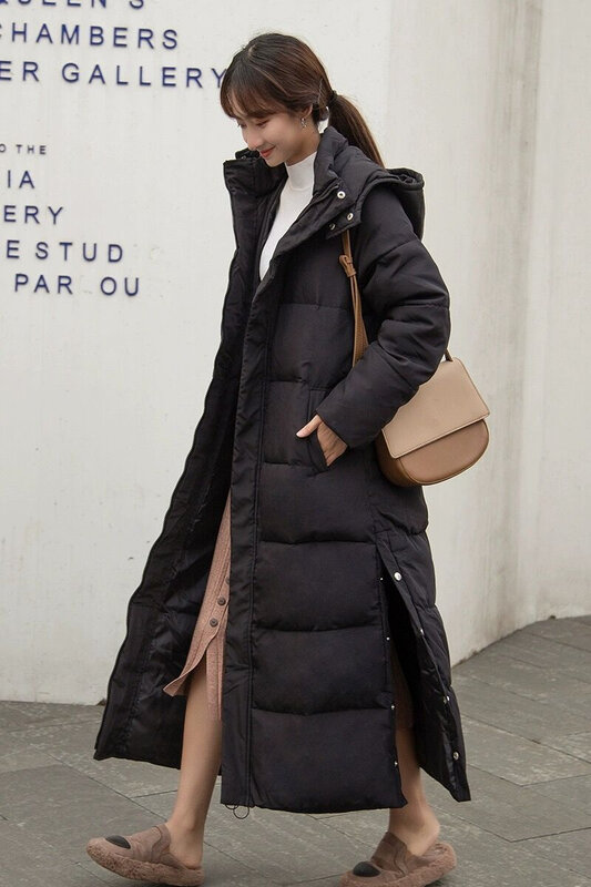 Zimowe nowe kobiece grube długie puchowe płaszcze z kapturem wysokiej jakości świeże jednokolorowa odzież sportowa ciepło, przytulnie kieszenie sięgające do kostek