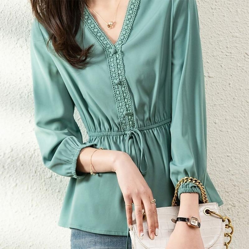 Commuter Elegant Solid Color Waist Lacing Shirt for Female New Spring Fashion Korean Button Spliced V-Neck Long Sleeve Blouses