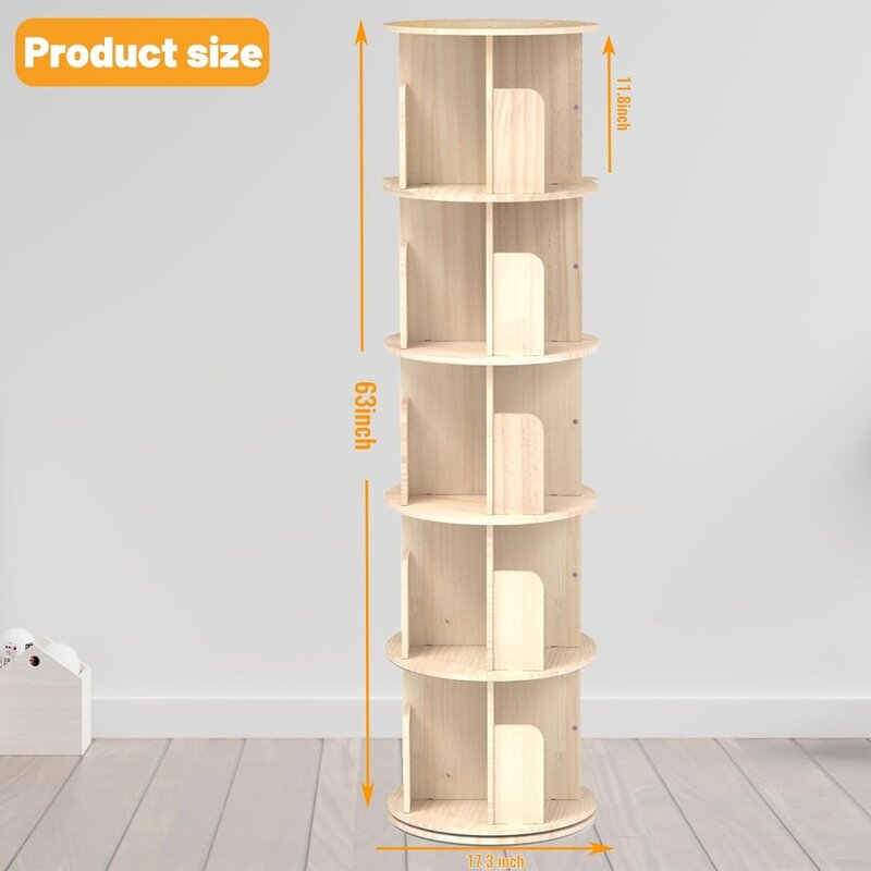Menara rak buku berputar, rak buku sudut untuk ruang kecil, tampilan 360 rak penyimpanan kotak buku kayu 5 tingkat, rak buku putar anak-anak & dewasa