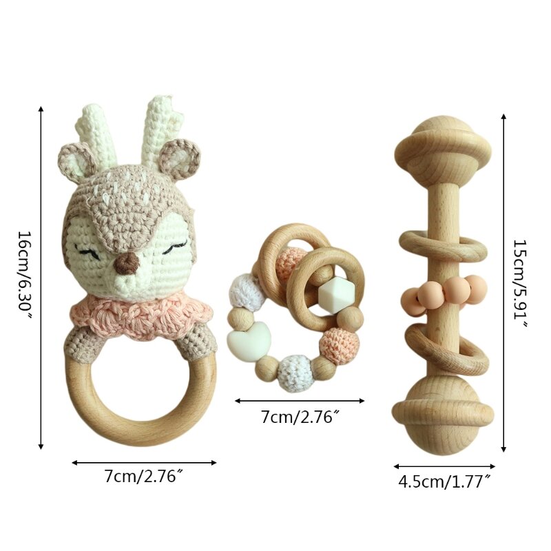 3 Stück Kleinkinder Holzperlen Rassel Beißring Pflegespielzeug Baby Neugeborene Zahnen Armbänder Häkeln Elch Schnuller