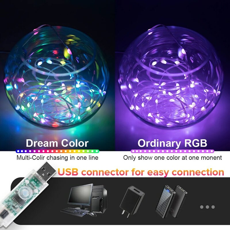 USB Dreamcolor Lights String com Bluetooth Music, WS2812B, Iluminação RGB, Endereçável, Festa, Casamento, Decoração Guirlanda, 5V, 2m, 5m, 10m