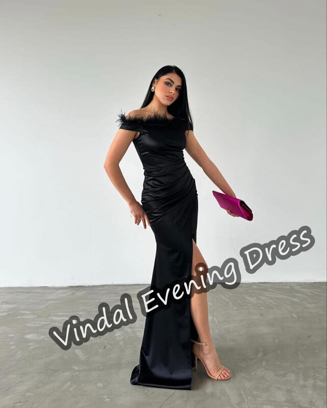 Vindal Off-the-shoulder Neckline Evening Dress Floor Length Satin Short Sleeves Elegant Built-in Bra Saudi Arabia For Woman 2024