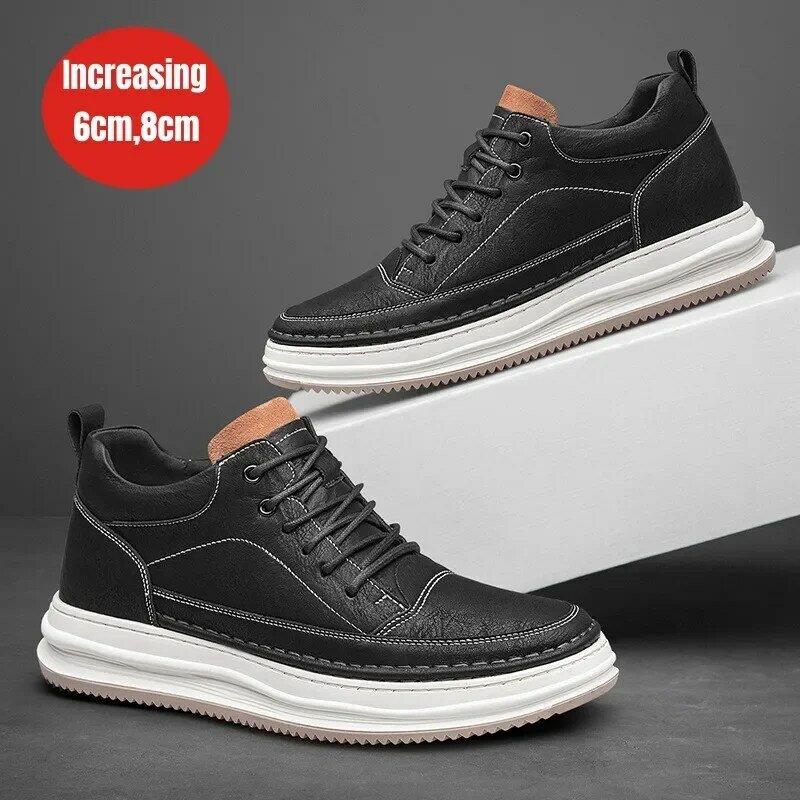 Lift 6CM Leather Shoes Autumn Invisible Inner Elevated Zapatillas De Deporte for Men Casual  Black Board Elevator Sneakers