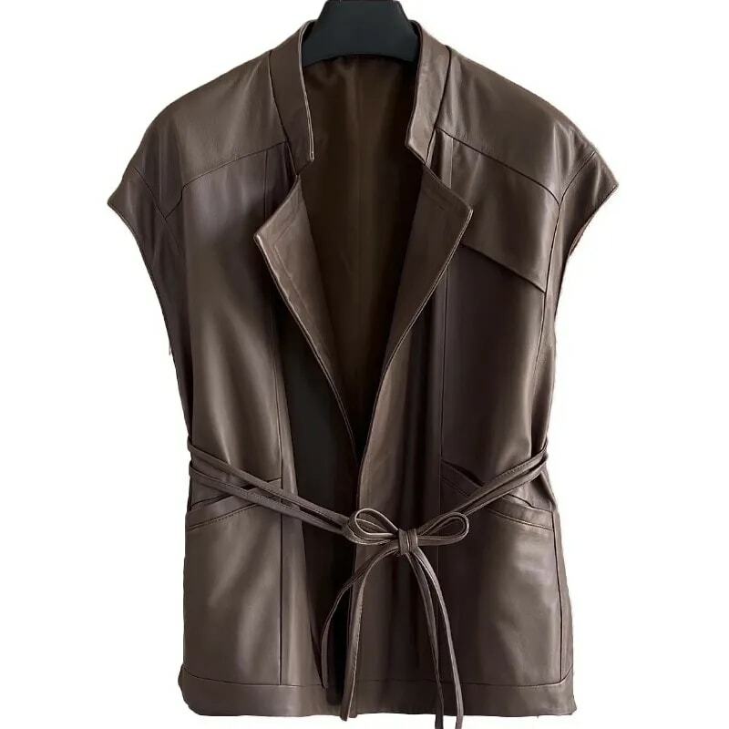 Women's Leather Waistcoat, Sheepskin Vest, Loose Lace Up, Casual Sleeveless Coat with Large Pockets, Spring and Autumn