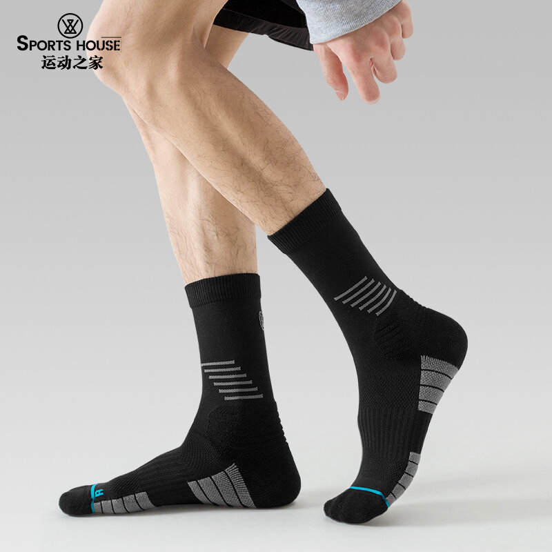 SPORT'S HOUSE kaus kaki mid-tube pria, kaus kaki olahraga pelindung pergelangan kaki berongga penyerap kelembaban dasar handuk Musim Semi/panas