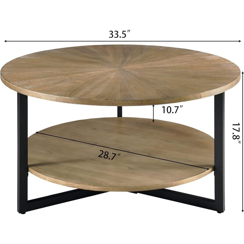 33.5" Round Coffee Table With 2-Tier Storage Easy Assembly Furniture Luxury Solid Wood Industrial Sofa Center Table Café