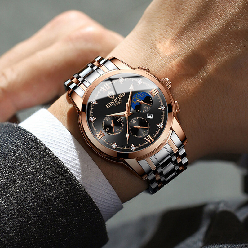 BINBOND-Relógio de pulso de couro de luxo masculino, Quartz Business, Impermeável, Luminoso, Cronógrafo, Data, Relógios casuais
