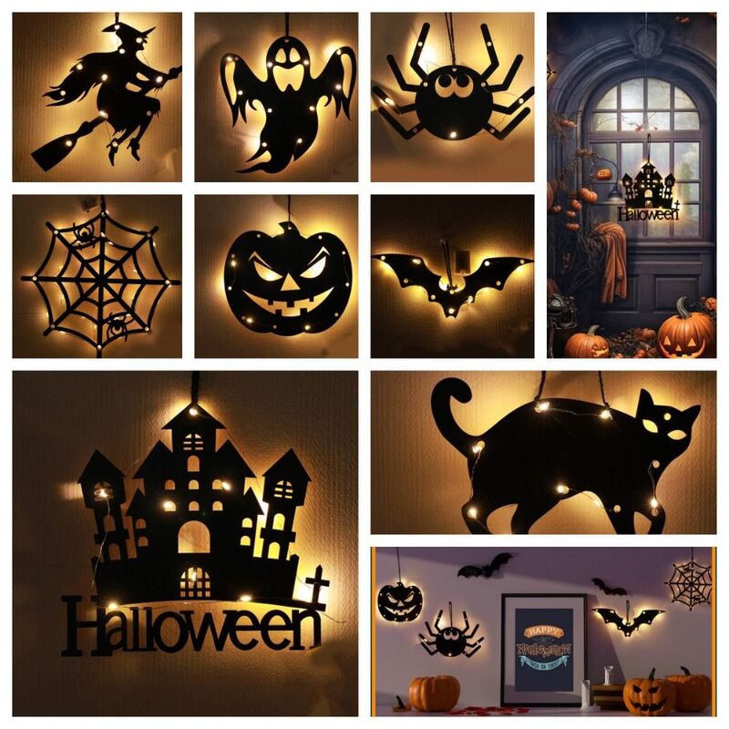 Welcome Sign Halloween Hang Tag Light Spooky Ghost Spider Halloween Front Door Light Haunted House Witch Home Front