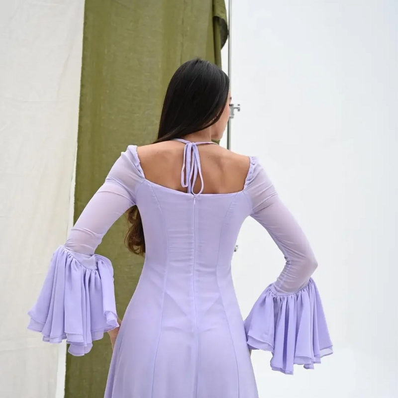 Saudi Arabia Lilac Halter Chiffon Prom Dresses Flare Long Sleeves A-Line Party Gowns Formal Occasion Evening Dresses