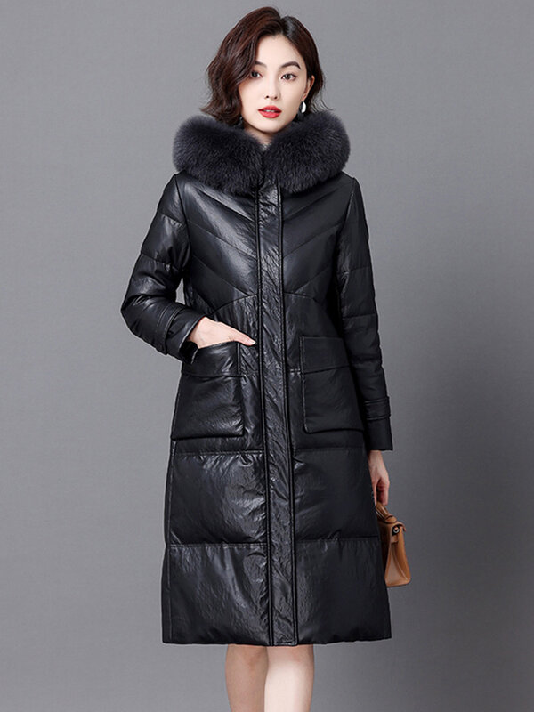 New Women Long Hooded Leather Down Coat Winter Fashion Real Fox Fur Collar Sheepskin Down Jacket Casual Outerwear Split Leather