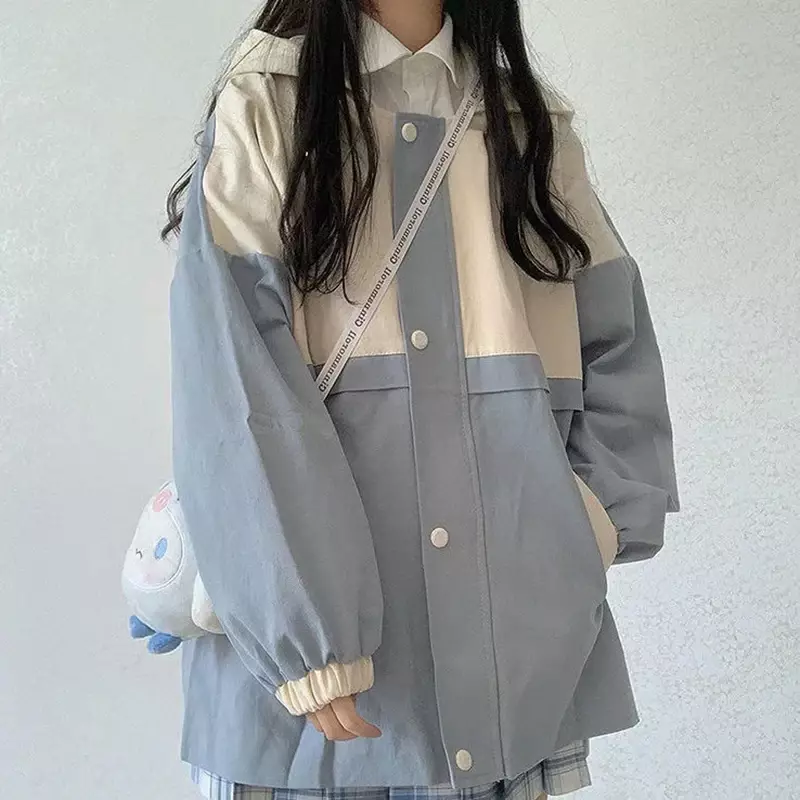 Kurtki z kapturem damskie jesienno-zimowe płaszcz w za dużym rozmiarze koreańskie luźna kieszeń w stylu Vintage Kawaii Patchwork na co dzień