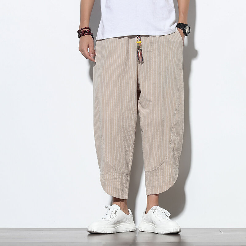 Calça casual listrada larga masculina, de linho de algodão, calça harém de perna larga masculina, verão, Harajuku, 2024