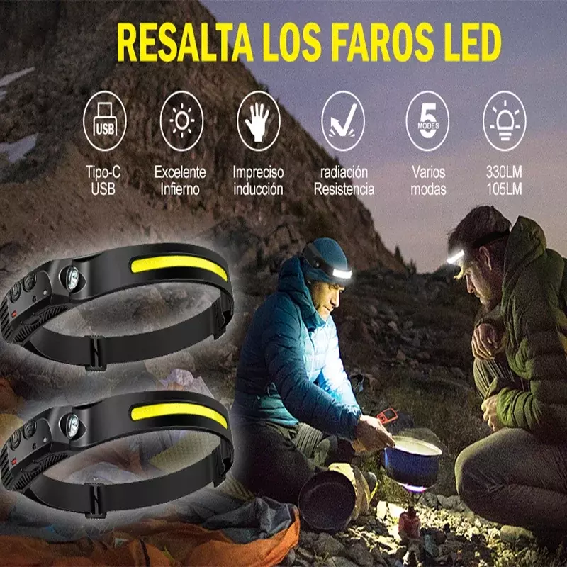Recarregável Super Bright LED Farol, 5-Modo Outdoor Camping Luz, Sensor Spotlight, lanterna de pesca, lanterna portátil, tocha