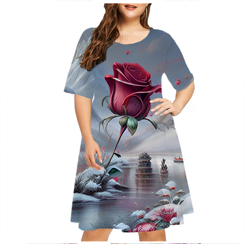Robes vintage à imprimé floral 3D pour femmes, robe d'été à manches courtes, vêtements décontractés pour femmes, mode d'été, grande taille, 6XL