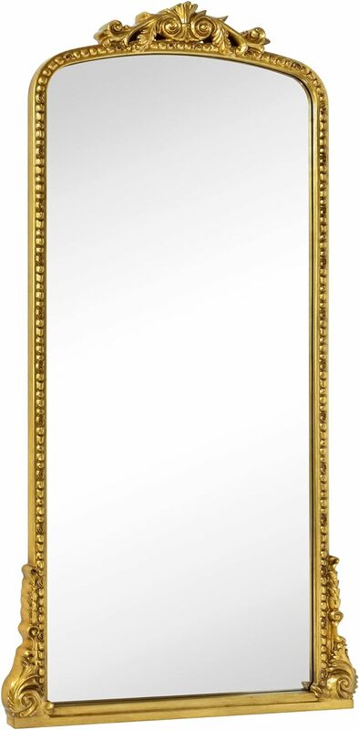Specchio da pavimento ad arco a figura intera decorato di ispirazione barocca Vintage finitura in lamina d'oro Leaner camino mensola del camino da ingresso