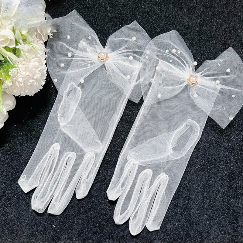 Свадебные перчатки Жемчуг Короткие перчатки Аксессуары для волос невесты Белые прозрачные перчатки HXBA