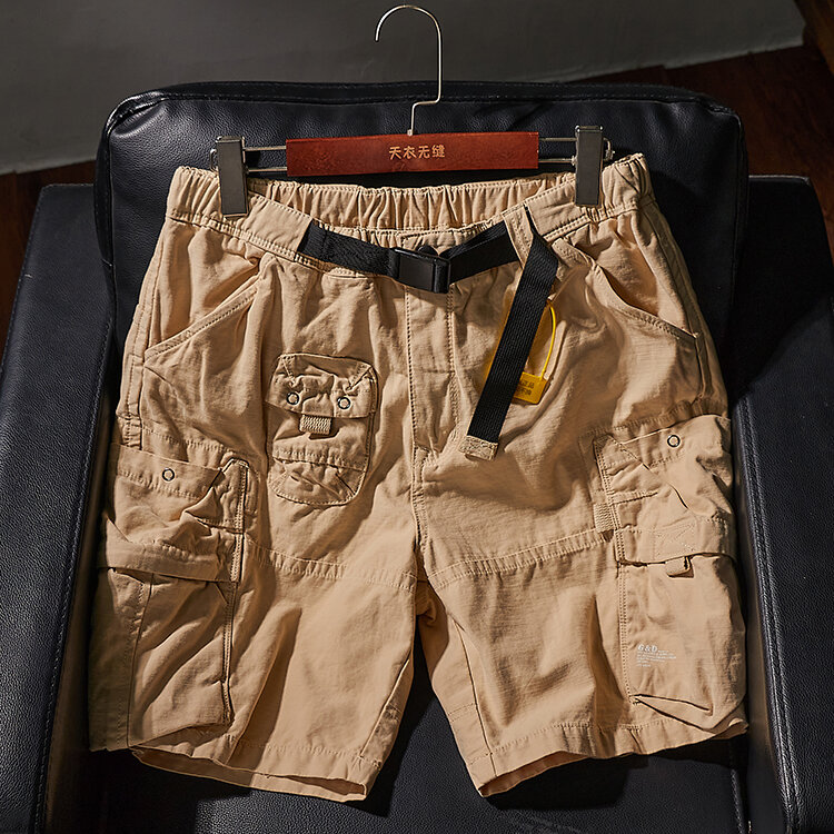 Pantalones cortos de carga para exteriores para hombre, Pantalón de algodón puro, informal, con múltiples bolsillos, 5 puntos, con cinturón, estilo Retro americano, novedad de verano
