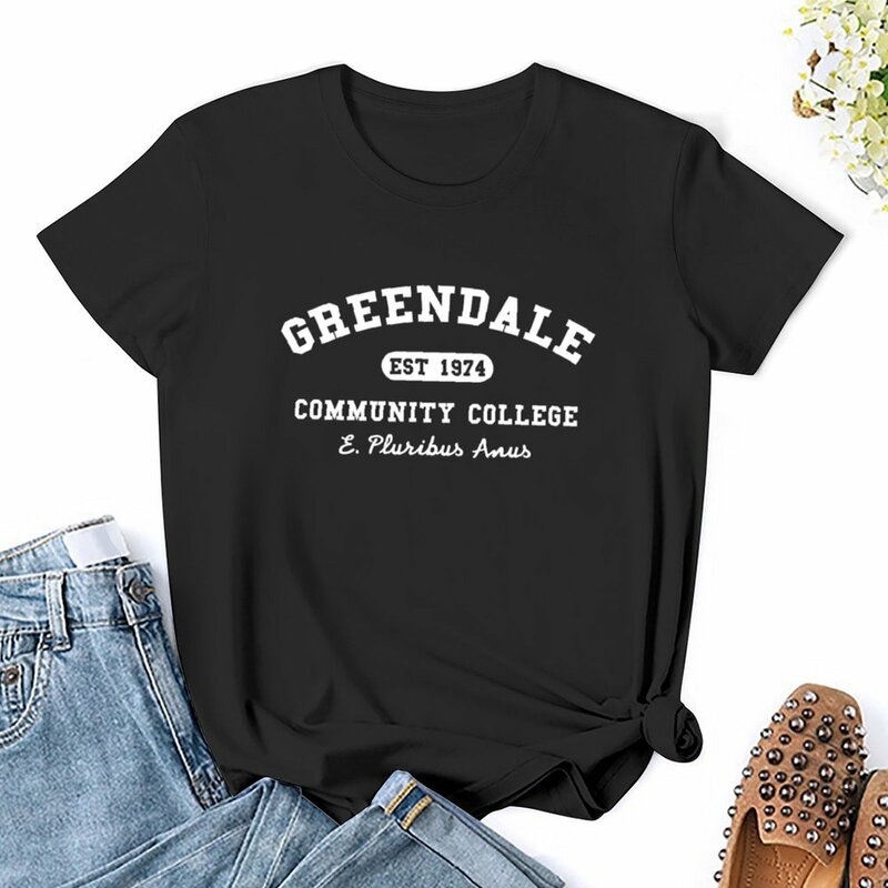 Greendale Community College E E Pluribus Anus t-shirt damski graficzne koszulki dla kobiet