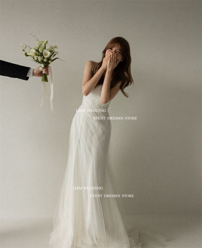 LISM gaun pernikahan putri duyung Korea Tulle sederhana gaun pengantin panjang lantai tanpa tali untuk wanita korset acara belakang