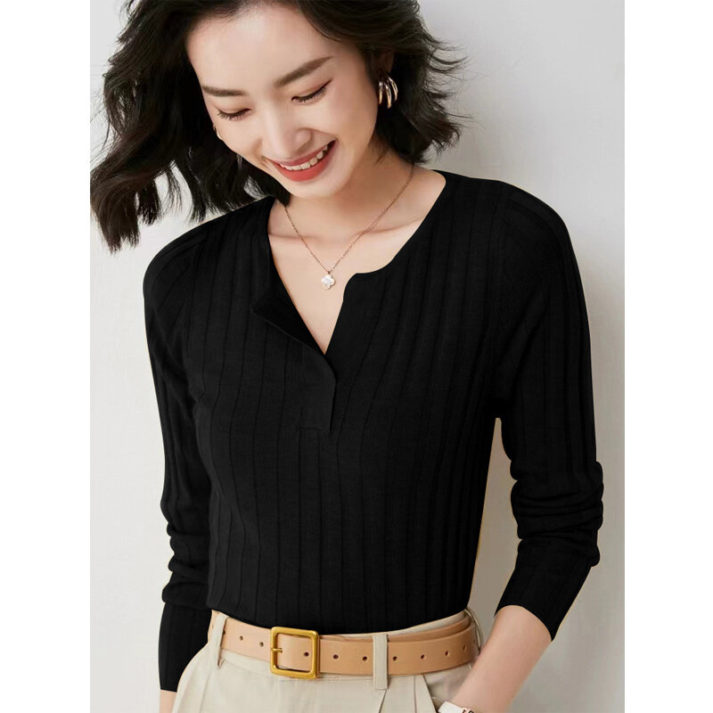 Women's Pullover Autumn New Worsted Wool Sweater Casual Solid Color Knitwear Ladies' Tops Slim Fit V-Neck Blouse