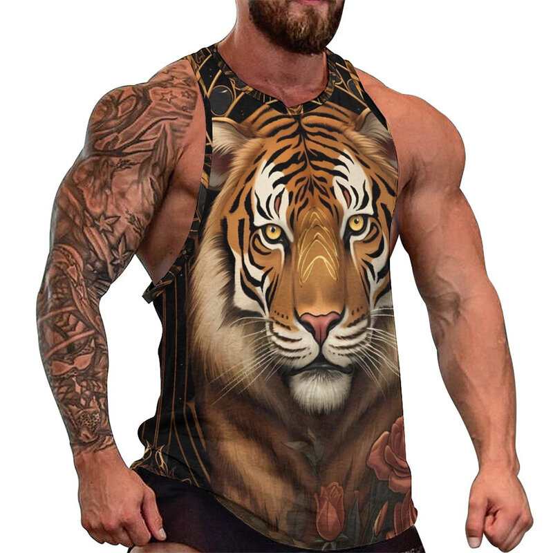 Camisetas sin mangas con estampado 3D de Tigre y León para hombre y mujer, chaleco de campaña de moda informal, chalecos de cuello redondo para niños, ropa de gimnasio de gran tamaño de verano