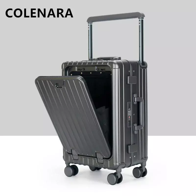 COLENARA koper Laptop 20 inci, koper Laptop bukaan depan bingkai aluminium ABS + PC kotak Boarding