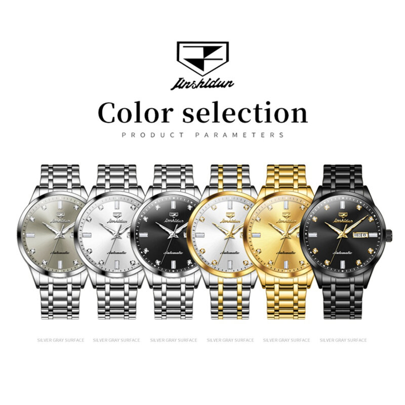 Jsdun 8841 Mechanisch Klassiek Horloge Cadeau Roestvrijstalen Horlogeband Ronde Week Display Kalender