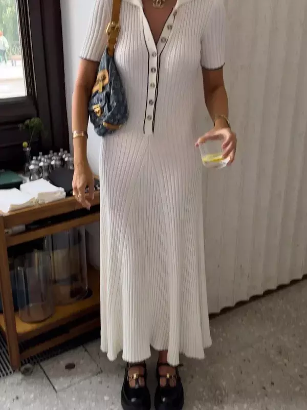 Vestido maxi feminino de malha branca, manga curta, patchwork, elegante vestido de festa, lapela, malha de cintura alta, moda feminina