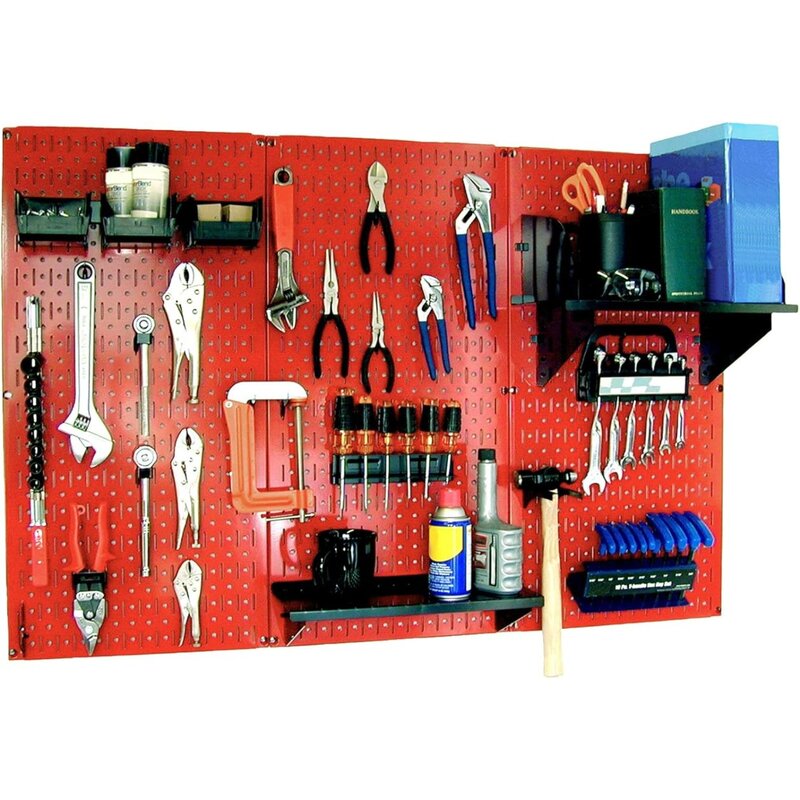 Kontrol dinding Organizer alat Pegboard logam, bangku kerja standar, merah/hitam