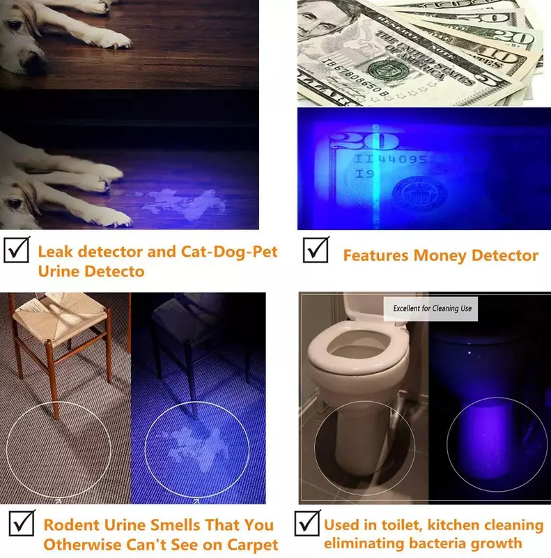 Linterna LED UV de luz negra, antorchas con zoom, Detector de manchas de orina de mascotas, agente fluorescente, escorpión, herramientas de caza