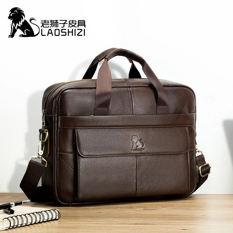 Brand 14 Inches Laptop s Large Capacity Shoulder Fashion Genuine Leather Business Men Briefcase Messenger Bag Handbag